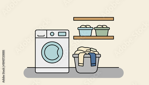 A basic laundry area with a single washing machine a basket of clothes and a minimalist approach to sorting and organizing.