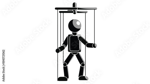 Robot marionette puppet controlled by strings on white background, symbolizing artificial intelligence and automation
