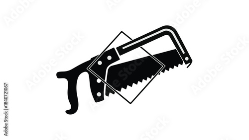 Black silhouette of a handsaw tool with handle and serrated blade on white background for repair construction DIY and carpentry concepts