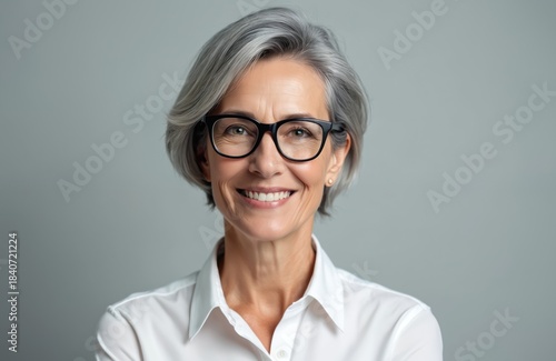 Mature woman with glasses smiles warmly. She has grey hair and wears a white shirt. Pro lady looking ahead with a friendly expression in studio setting.
