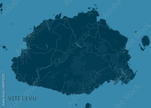 map of Viti Levu, the largest island in Fiji. The map is rendered in a monochromatic blue palette, with the island itself in a darker shade of blue and the surrounding ocean in a lighter shade.