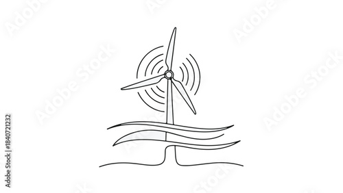 Sustainable renewable energy wind turbine line drawing with eco friendly waves and solar sun rays for green technology and climate change concept