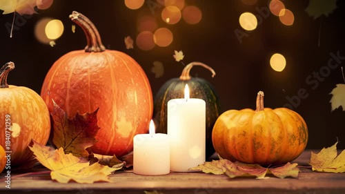 Fall scene with pumpkins, candles, and leaves on wood, with bokeh background