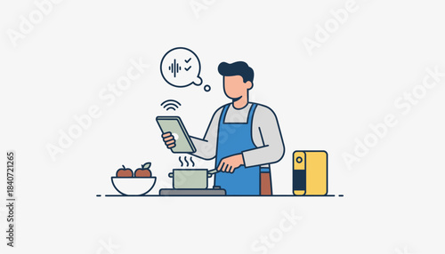 A user interacting with a voice assistant requesting updates on their task list while multitasking in a kitchen environment.