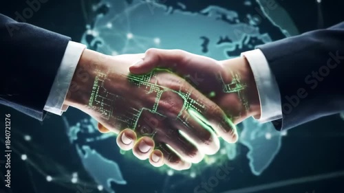 Futuristic handshake, glowing circuits on hands with a globe background