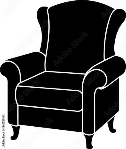 Elegant Recliner Chair Silhouette with Winged Back and Curved Legs for Interior Design Use