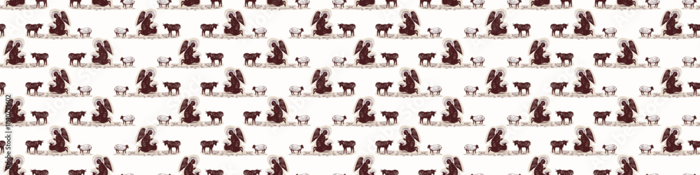 Naklejka premium Hand drawn angelic messenger for Christian Christmas vector border. Lino cut Angels with star of Bethlehem trim. Religious nativity scene washi tape.