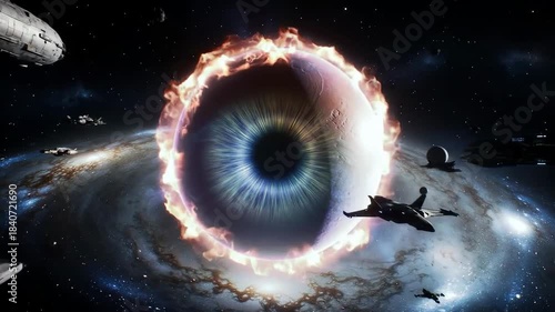 Sci-fi cosmic eye portal surrounded by fiery aura, spacecraft, and interstellar galaxy