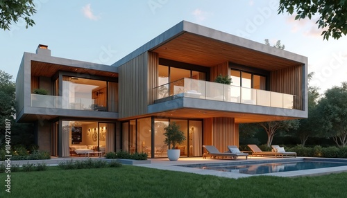 Fototapeta Naklejka Na Ścianę i Meble -  Modern house with pool and parking, wood plank facade, green lawn, and trees. Outdoor lounge chairs near water. Cozy evening light streams from windows.