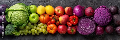 Vibrant Display of Organic Fruits and Vegetables in Rainbow Hues for a Healthy Eating Lifestyle