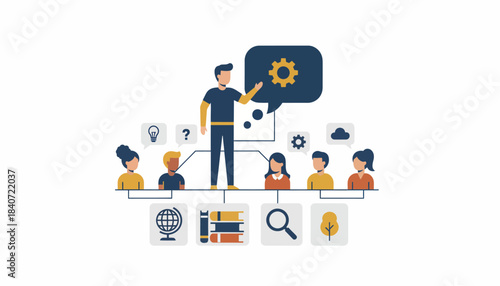 An illustration showing a teacher guiding students in a discussion with visual prompts encouraging everyone to contribute their thoughts.