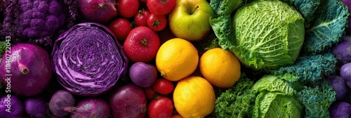 Vibrant Display of Organic Fruits and Vegetables in Rainbow Hues for a Healthy Lifestyle