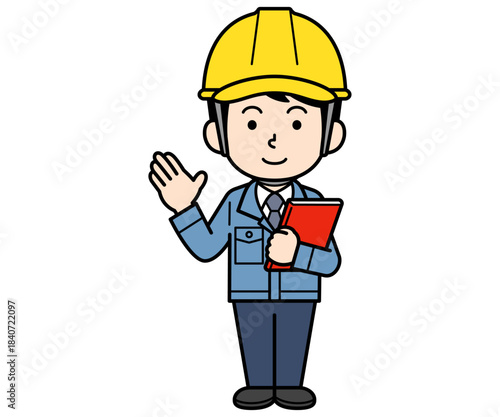 ファイルを持って案内するヘルメットをかぶった現場監督の男性
