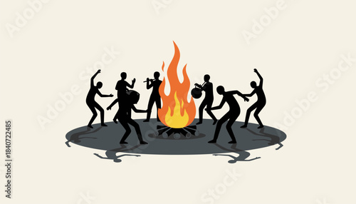 A nighttime gathering around a bonfire with silhouettes of dancers moving energetically the flames flickering and casting shadows in rhythm with the music.