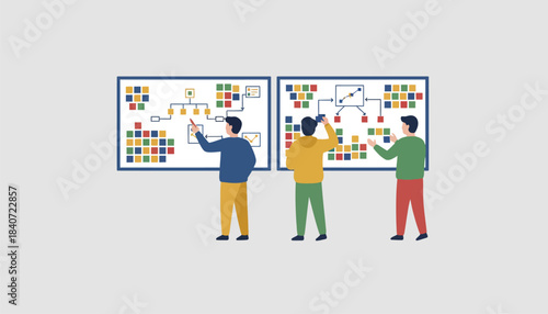 A group of students collaborating on a project using sticky notes and whiteboards filled with diagrams and flowcharts.