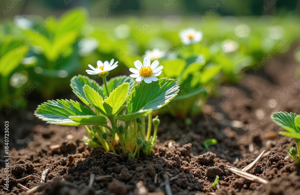 Fototapeta premium Young strawberry plants with white flowers grow in rich brown soil. Green leaves unfurl on small bushes ready for harvest. Healthy new life emerges from the earth.