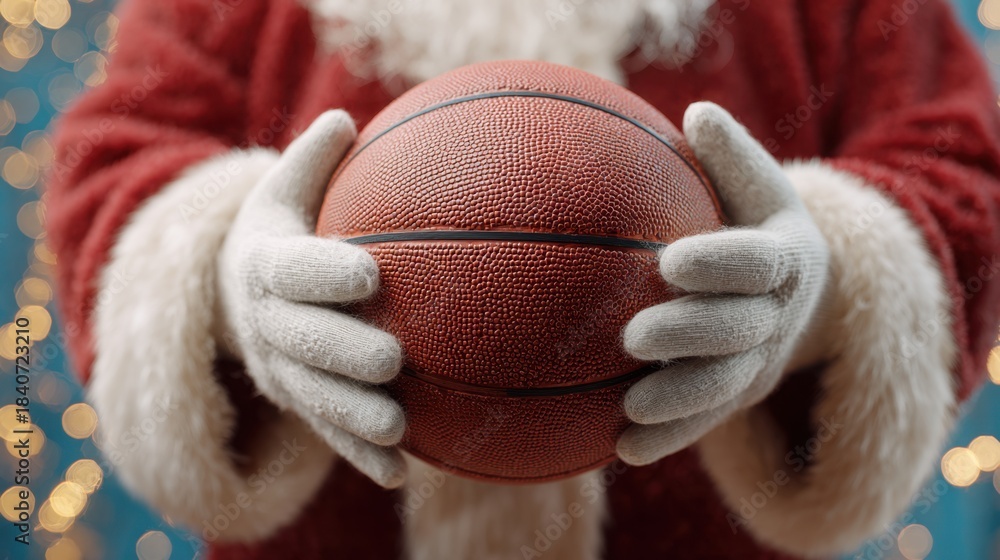 Fototapeta premium Close up image of Santa Claus Hands in White Gloves Holding Basketball Gift on Blue festive Background Front View