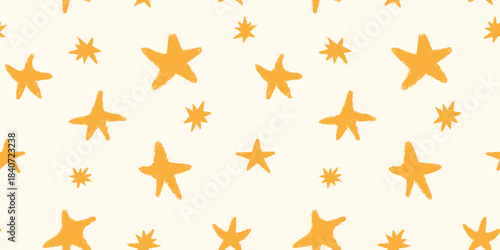 Childish cute stars seamless pattern. Starry doodle comic background. Baby style yellow pencil chalk crayon drawings star shapes. Playful package wallpaper textile child product design