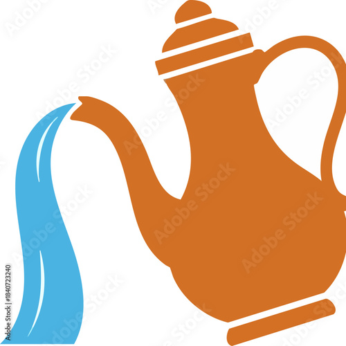 WebStylized graphic design of an antique terracotta ewer pouring a stream of bright blue water downwards