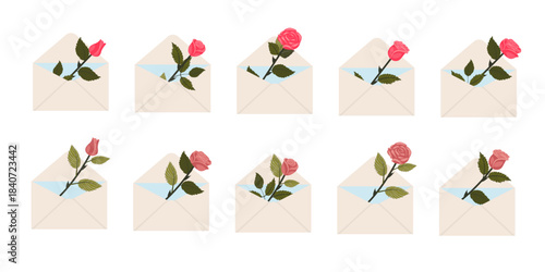 A set of envelopes with pink roses inside. Vector illustration on a white background.