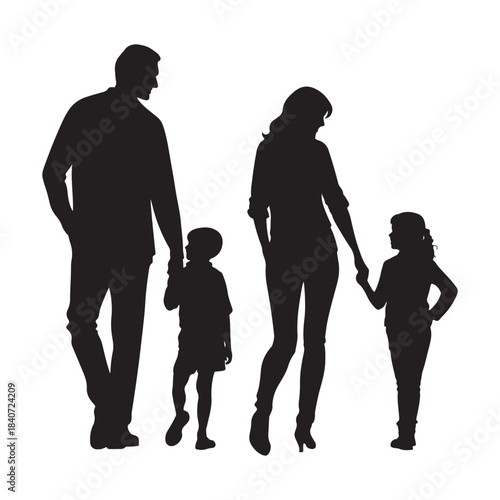 Happy Family Silhouette, Parents and Children Walking Together