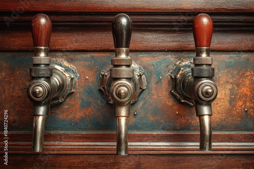 On Tap: Close-Up of Three Distinct Beer Tap Spouts Showcasing Ales at the Bar