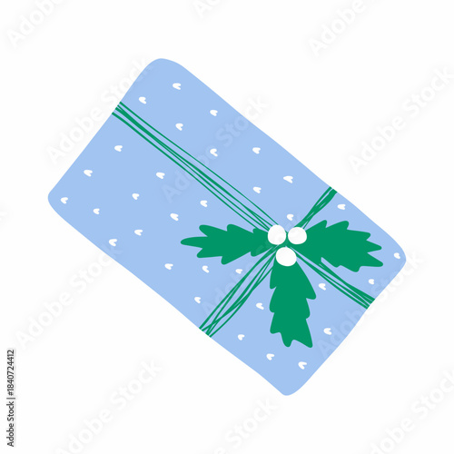 Christmas present box icon. Cartoon gift packaging with ribbon bows festive elements and patterns, holiday party decoration wrapping, New Year stickers design. Vector  illustration