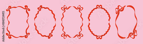 Bow ribbon frames set. Coquette wavy borders with bows, romantic hand drawn design elements for Valentine's day, birthday, greeting cards, wedding invitations. Vector illustration