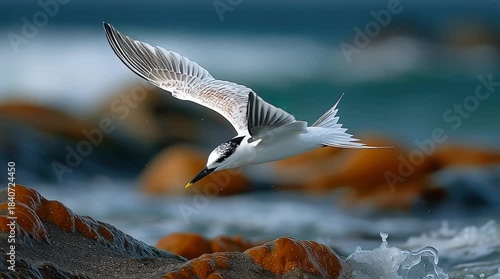 Elegant seabird gliding above coastal rocks with wings fully spread in crisp natural daylight.