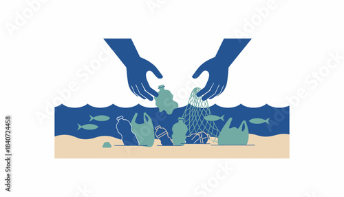 A closeup of hands collecting plastic waste from a beach emphasizing the importance of clean oceans and marine life protection.