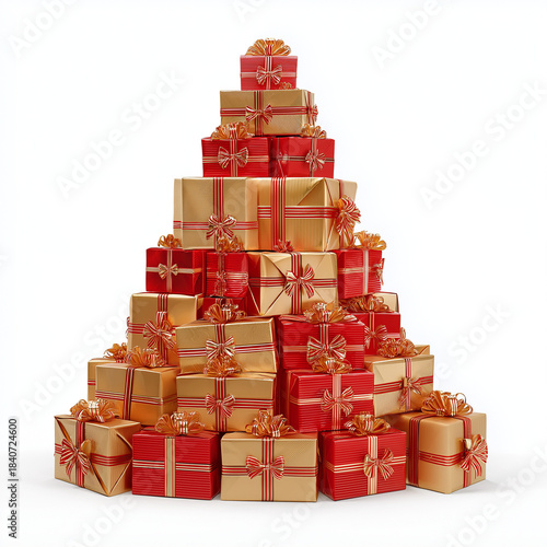 A Christmas tree shape created from stacked red and gold gift boxes arranged in a clean studio setting.