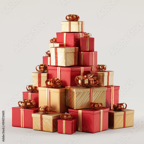 A Christmas tree shape created from stacked red and gold gift boxes arranged in a clean studio setting.