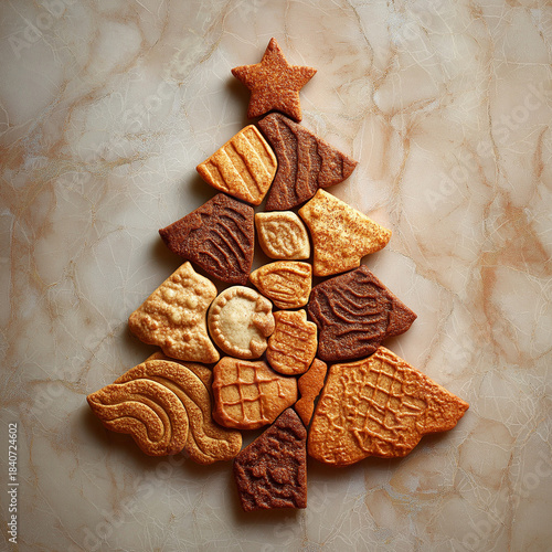 A Christmas tree silhouette formed with decorated gingerbread cookies on a light background.