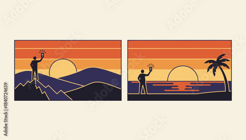 A sunset viewed from two different locations with individual silhouettes holding their phones capturing the moment together.