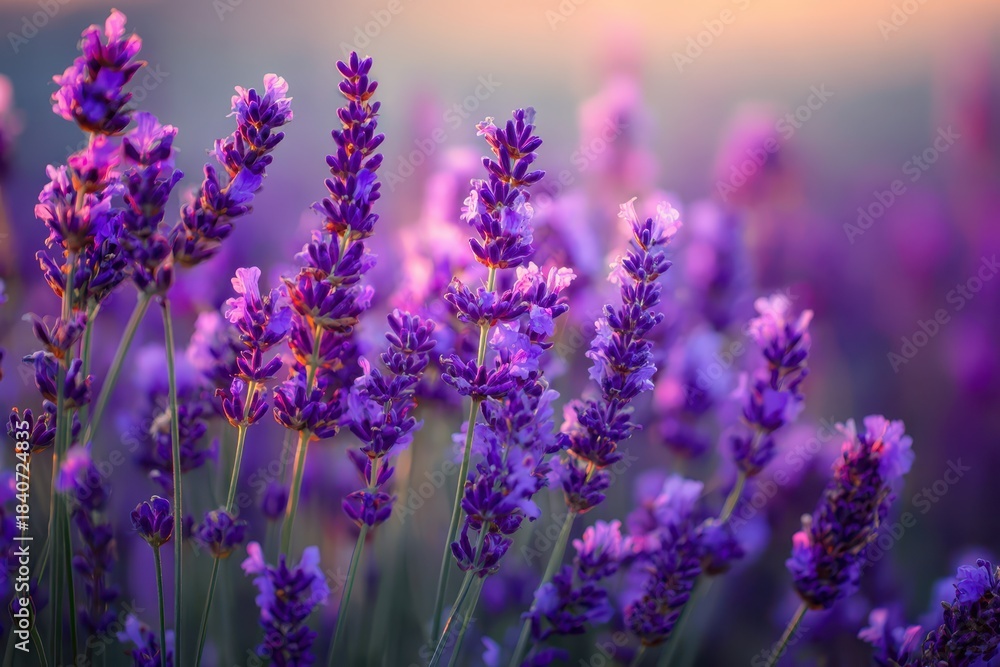 Naklejka premium Serene Lavandula Landscape: Closeup of Violet Flowers at Sunset in Provence, France for a Tranquil Natural Aesthetic