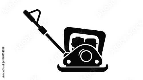 Black plate compactor icon with handle on white background for construction and landscaping concept