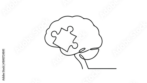 Brain with missing puzzle piece, conceptual illustration of problem solving, thinking, and creativity in a minimalist line art style