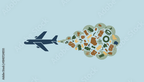 An airplane leaving a trail of smoke that morphs into a polluted cloud of various waste items representing the environmental impact of air travel.