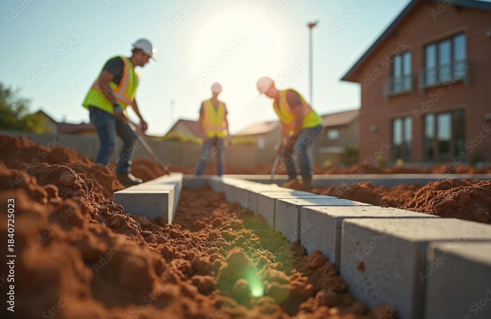 Obraz premium Construction workers in safety vests and helmets carefully lay foundation blocks for a new house extension. Building crew works outdoors under bright sun on site. Men constructing home.