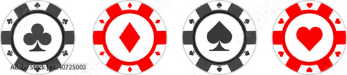 Casino poker chip set with card suits, four chips of clubs, diamonds, spades and hearts, black and red collection for games