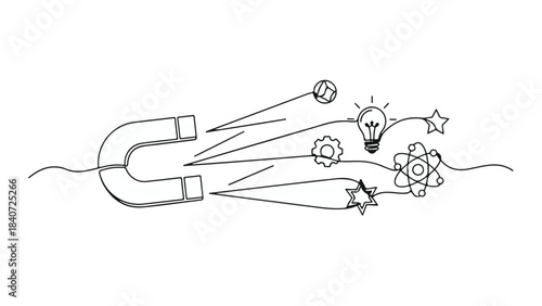 Creative inspiration magnet attracting innovative ideas and success symbols in simple line art style on white background