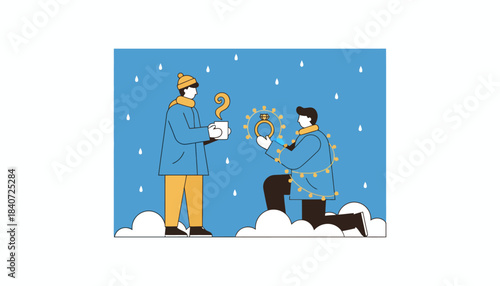 A winter scene with falling snow where one partner holds a steaming mug while the other kneels in the snow with a ring surrounded by ling lights.