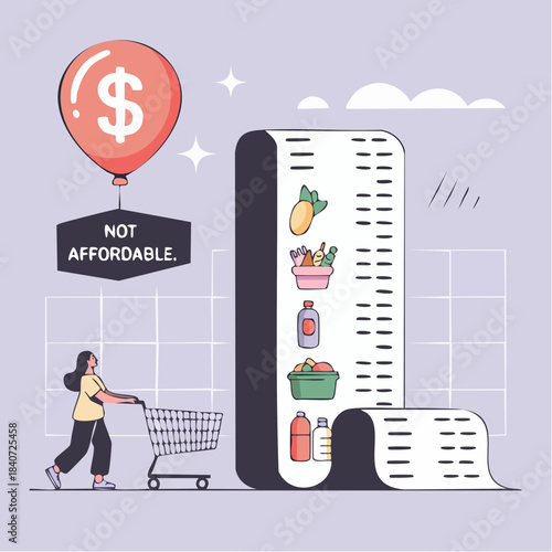 towering grocery receipt and red balloon of inflation over shopper in tiled scene of economic pressure