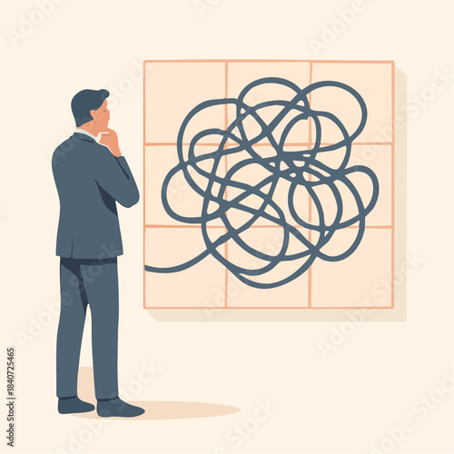 business thinker analyzing tangled grid of complexity in stylized scene of strategic problem-solving
