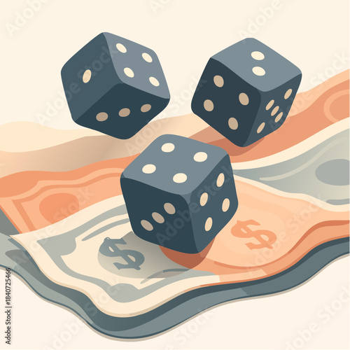 three dice tumbling over stylized cash in orange-gray palette of financial risk and gambling tension