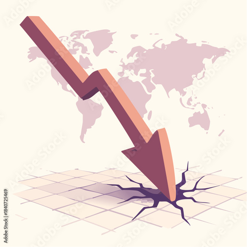 downward arrow shattering global grid with cracked surface and faded world map of economic collapse