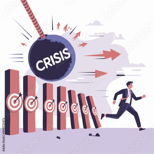 wrecking ball labeled crisis smashing bullseye targets in domino collapse of business disruption