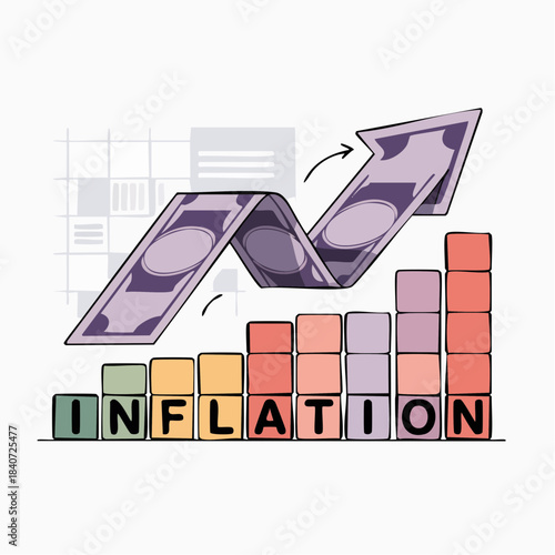 INFLATION rising with purple banknote arrow and stacked blocks of economic pressure
