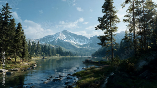 Majestic snow-capped mountains and pristine lake, Serene alpine wilderness landscape