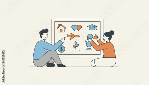 A couple collaboratively building a relationship vision board representing their hopes dreams and mutual goals for the future.